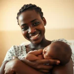 Ritratto fotografico di una giovane madre senegalese che tiene in braccio il suo neonato in un contesto ospedaliero luminoso ma semplice, espressione mista di gioia e preoccupazione. Obiettivo prime 35mm, profondità di campo, luce naturale morbida, toni caldi.