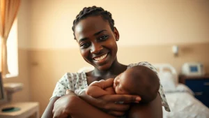 Ritratto fotografico di una giovane madre senegalese che tiene in braccio il suo neonato in un contesto ospedaliero luminoso ma semplice, espressione mista di gioia e preoccupazione. Obiettivo prime 35mm, profondità di campo, luce naturale morbida, toni caldi.