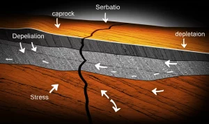 Sezione trasversale geologica fotorealistica del sottosuolo che mostra uno strato di roccia di copertura (caprock) sopra un serbatoio depletato. Una linea di faglia attraversa entrambi gli strati ed è evidenziata. Frecce stilizzate indicano le variazioni di stress dovute alla deplezione del serbatoio. Illuminazione drammatica dal basso per enfatizzare le strutture. Lente macro virtuale 60mm, alta definizione.
