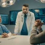 Team medico multidisciplinare (cardiologo, anestesista, chirurgo) che pianifica l'intervento per un paziente anziano con insufficienza cardiaca in una sala riunioni high-tech. Obiettivo zoom 35mm, profondità di campo, luce controllata.