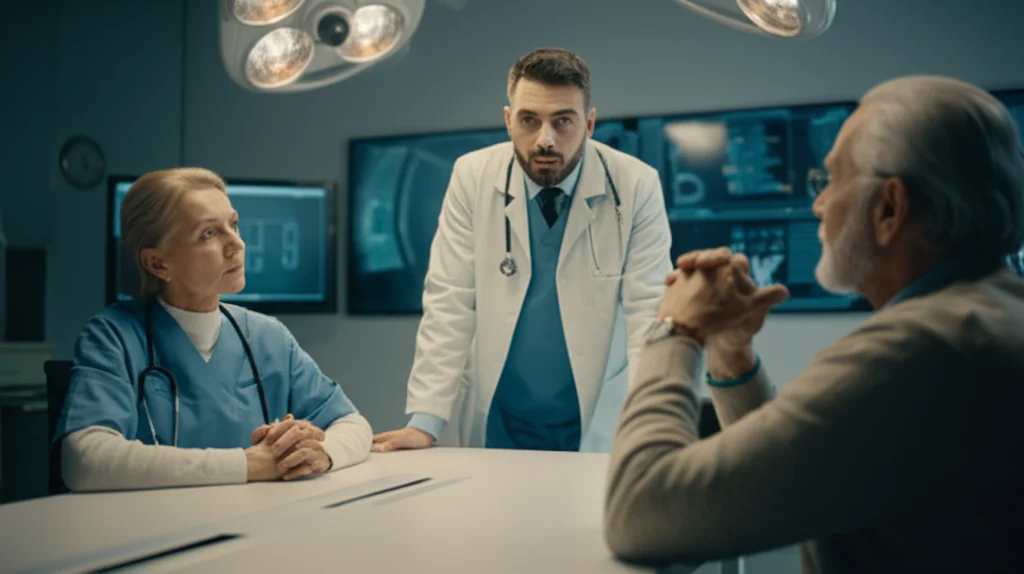 Team medico multidisciplinare (cardiologo, anestesista, chirurgo) che pianifica l'intervento per un paziente anziano con insufficienza cardiaca in una sala riunioni high-tech. Obiettivo zoom 35mm, profondità di campo, luce controllata.