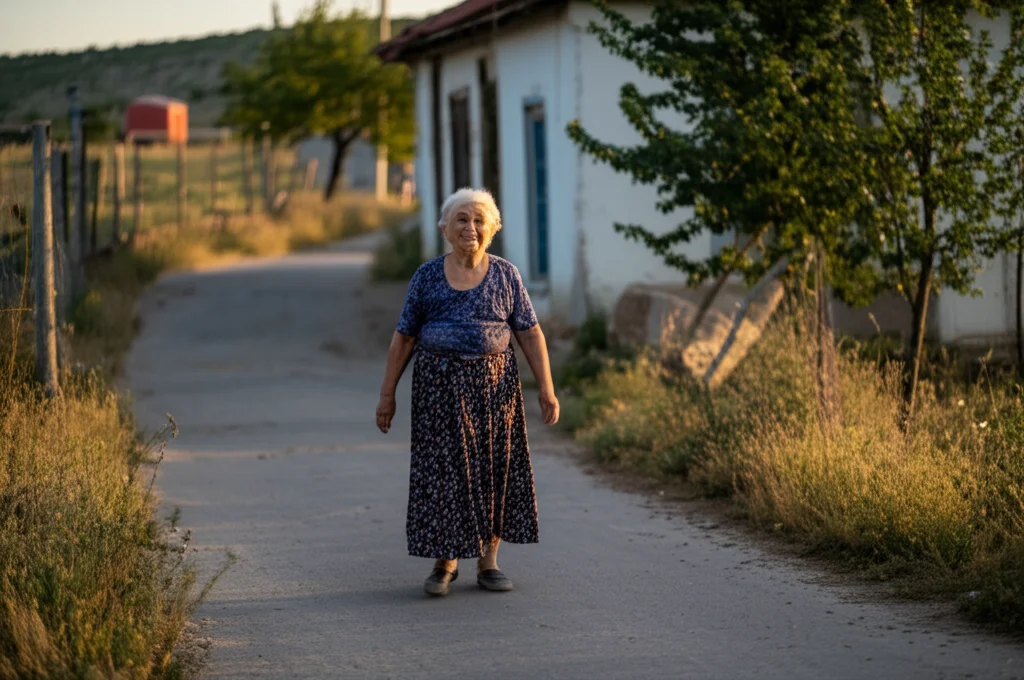 Una donna anziana sorridente cammina con passo sicuro lungo una strada di un villaggio rurale turco al tramonto. Fotografia di paesaggio con persona, obiettivo grandangolare 24mm per includere l'ambiente, luce calda, sensazione di benessere e autonomia.