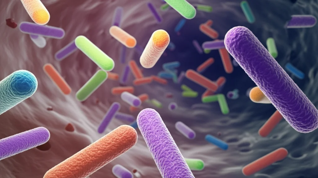 Visualizzazione artistica del microbioma intestinale umano, con diversi tipi di batteri colorati che fluttuano in un ambiente stilizzato dell'intestino, focus nitido su alcuni batteri in primo piano, stile fotorealistico con profondità di campo.