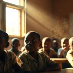 Bambini ruandesi in un'aula scolastica luminosa ma con visibile pulviscolo nell'aria illuminato dai raggi del sole che entrano dalla finestra, stile fotorealistico, obiettivo 35mm, profondità di campo, colori naturali ma leggermente desaturati.