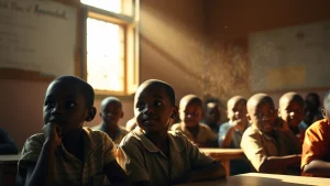 Bambini ruandesi in un'aula scolastica luminosa ma con visibile pulviscolo nell'aria illuminato dai raggi del sole che entrano dalla finestra, stile fotorealistico, obiettivo 35mm, profondità di campo, colori naturali ma leggermente desaturati.