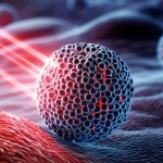 Illustrazione fotorealistica di nanoparticelle intelligenti (CSN-IR806/CB) di forma sferica che interagiscono con cellule tumorali in un microambiente ipossico (sfumature bluastre). Raggi di luce nel vicino infrarosso (rossi) colpiscono le nanoparticelle, attivandole. Lente macro, 105mm, alta definizione, illuminazione controllata, focus preciso sulla nanoparticella che rilascia molecole di farmaco (piccole sfere) vicino a una cellula tumorale parzialmente danneggiata.