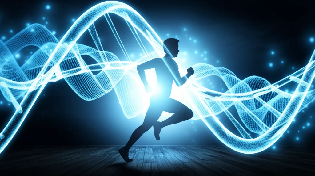 Immagine concettuale che mostra la silhouette di una persona che corre sovrapposta a una rappresentazione stilizzata del DNA e a onde cerebrali, simboleggiando l'interazione tra esercizio, genetica e risposta allo stress. Illuminazione drammatica, profondità di campo.