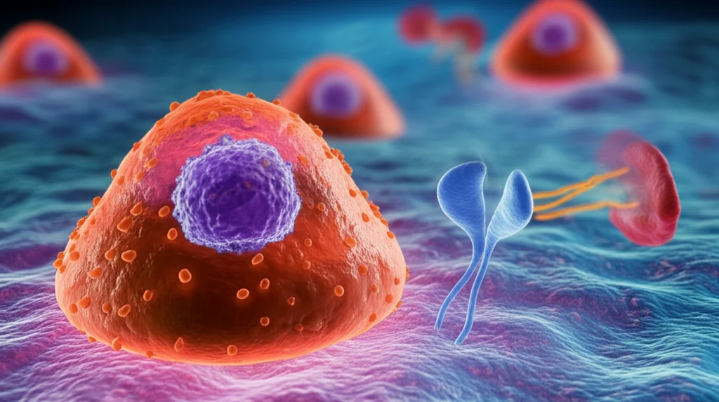 Immagine concettuale che mostra una cellula CAR T stilizzata che si avvicina a cellule di mieloma, con un accenno visivo a fattori di coagulazione sullo sfondo, stile fotorealistico, lente prime 35mm, depth of field.