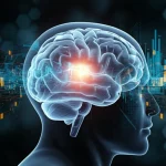 Immagine fotorealistica stile copertina scientifica: un cervello umano trasparente e stilizzato rivela un glioma luminoso al suo interno. Flussi di dati digitali blu e oro, rappresentanti l'analisi AI, convergono sul tumore. Lenti prime 50mm, sfondo scuro high-tech con pattern esagonali deboli, illuminazione drammatica che enfatizza il cervello e i flussi di dati.