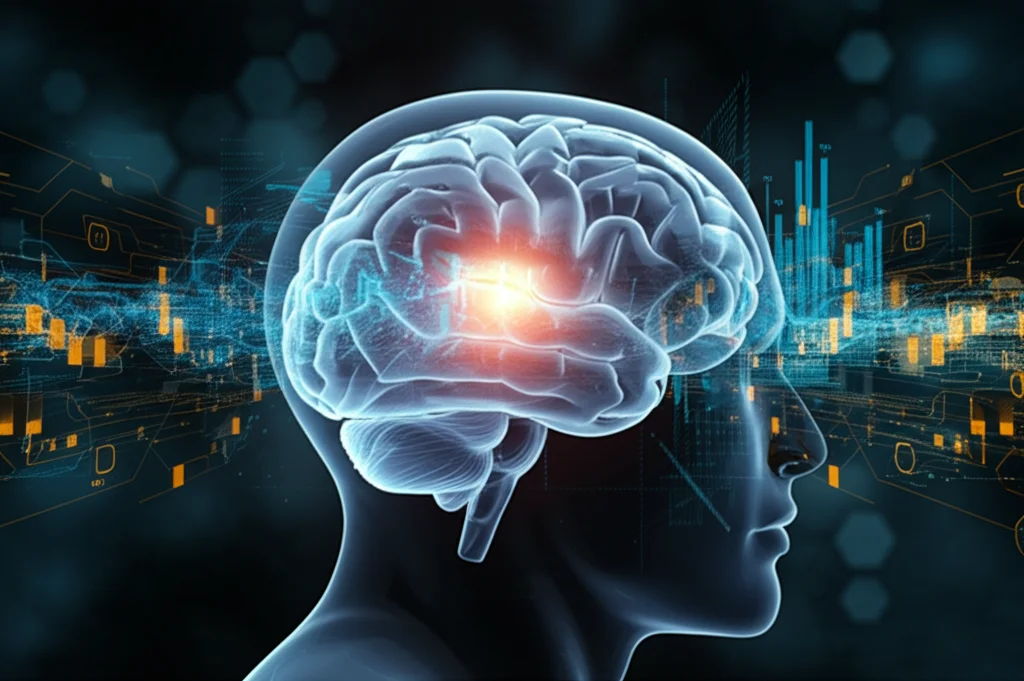 Immagine fotorealistica stile copertina scientifica: un cervello umano trasparente e stilizzato rivela un glioma luminoso al suo interno. Flussi di dati digitali blu e oro, rappresentanti l'analisi AI, convergono sul tumore. Lenti prime 50mm, sfondo scuro high-tech con pattern esagonali deboli, illuminazione drammatica che enfatizza il cervello e i flussi di dati.