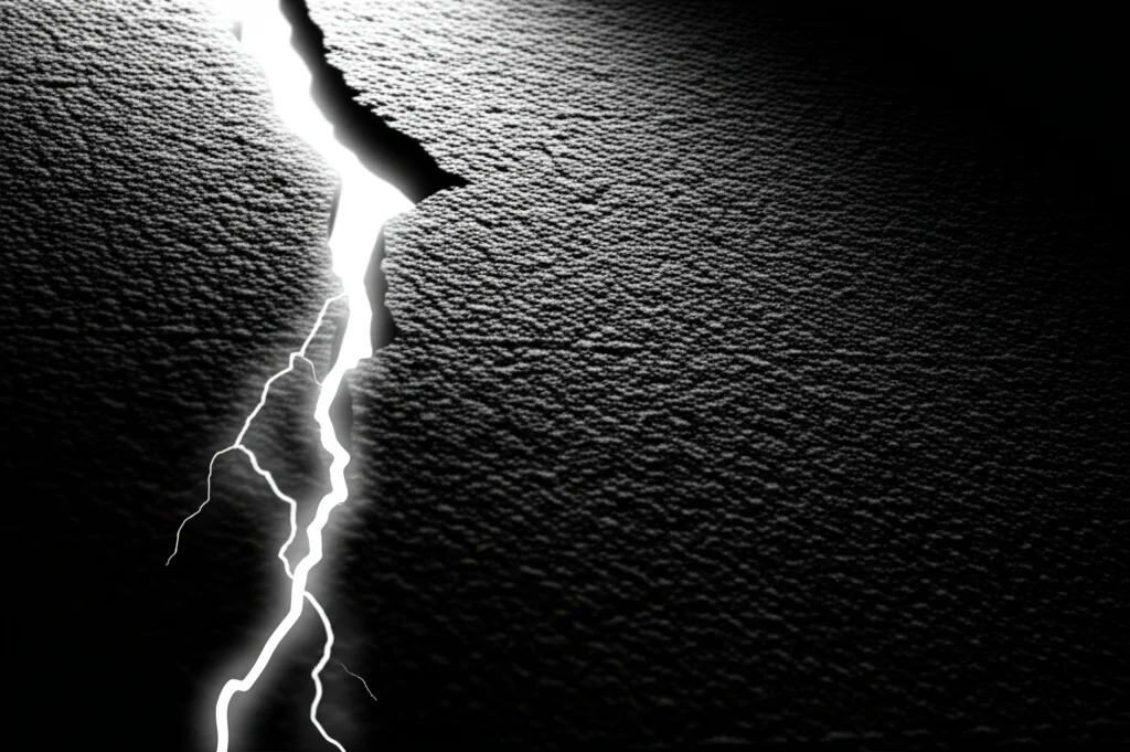 Immagine simbolica astratta, obiettivo macro 100mm, che rappresenta il conflitto interiore: una crepa illuminata su una superficie scura e ruvida, alta definizione, illuminazione drammatica laterale per simboleggiare la lotta psicologica, la colpa, la vergogna e l'autolesionismo in un contesto psichiatrico forense.