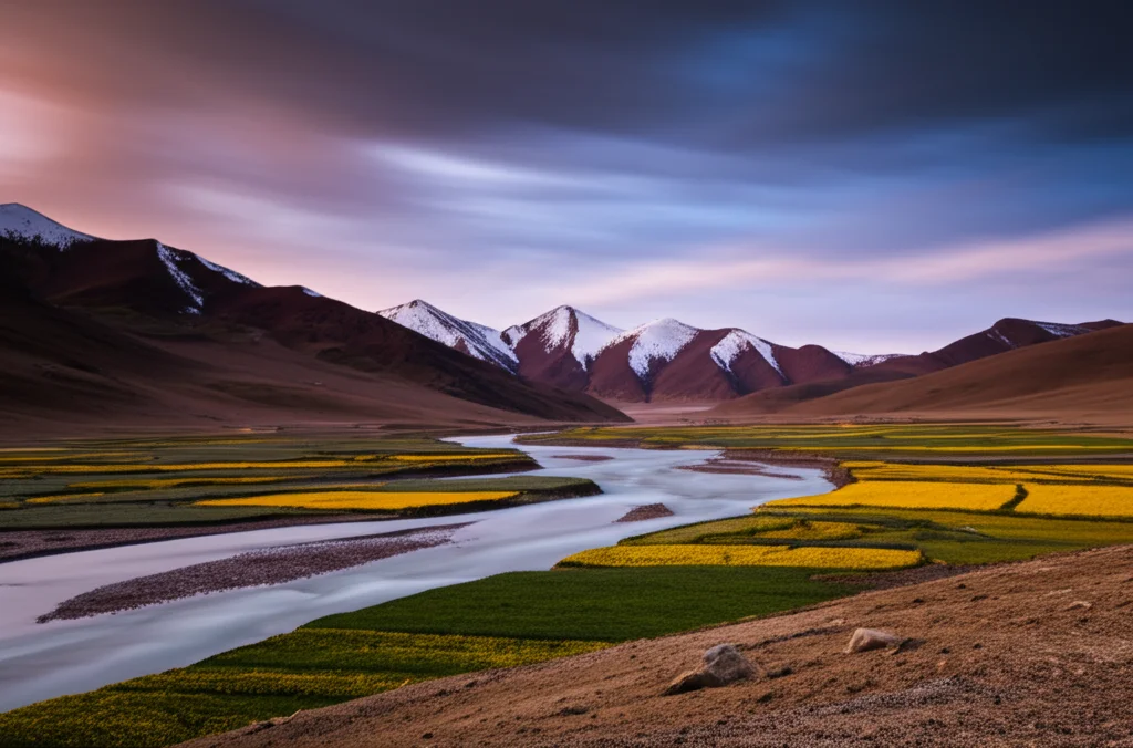 Paesaggio mozzafiato dell'altopiano tibetano al tramonto, con un fiume limpido che scorre attraverso una valle agricola, montagne innevate in lontananza, che simboleggia le sorgenti del Fiume Giallo e la preziosità e vulnerabilità delle risorse idriche d'alta quota, obiettivo grandangolare 15mm, esposizione lunga per nuvole soffici e acqua setosa, messa a fuoco nitida.