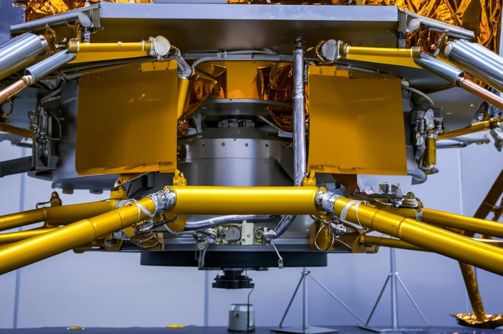 Primo piano fotorealistico dell'interfaccia meccanica tra una gamba di atterraggio e il corpo di un lander lunare avanzato, con attuatori lineari visibili per il livellamento. Obiettivo macro 100mm, illuminazione controllata da studio, alta definizione dei dettagli metallici e compositi della struttura.