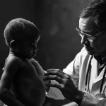 Ritratto fotorealistico in bianco e nero di un medico che esamina attentamente un bambino piccolo con segni visibili di malnutrizione e addome gonfio (possibile epatosplenomegalia da Leishmaniosi Viscerale) in una clinica rurale scarsamente illuminata in Sud Sudan. Obiettivo prime 35mm, stile film noir con forti contrasti, profondità di campo ridotta per focalizzare l'attenzione sui volti.