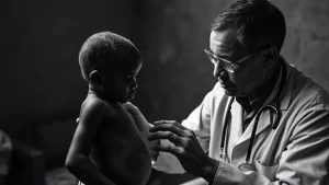 Ritratto fotorealistico in bianco e nero di un medico che esamina attentamente un bambino piccolo con segni visibili di malnutrizione e addome gonfio (possibile epatosplenomegalia da Leishmaniosi Viscerale) in una clinica rurale scarsamente illuminata in Sud Sudan. Obiettivo prime 35mm, stile film noir con forti contrasti, profondità di campo ridotta per focalizzare l'attenzione sui volti.