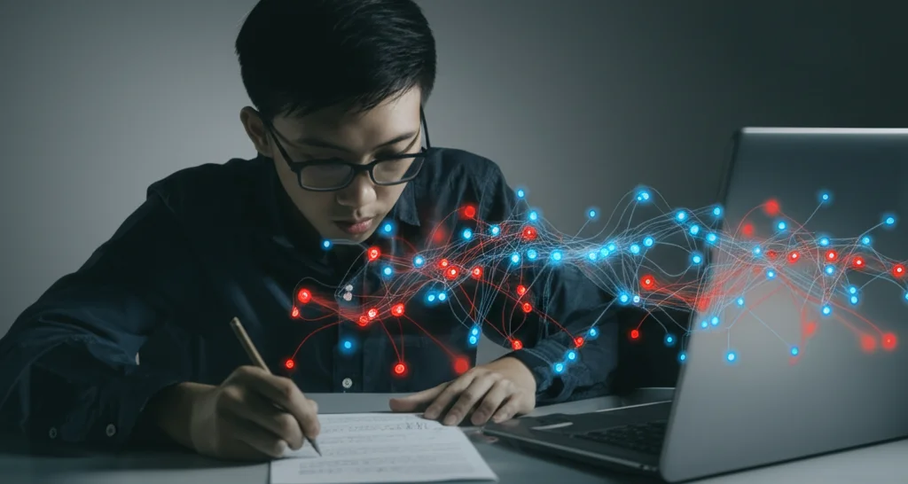 Studente universitario concentrato che usa una scheda di riflessione per studiare statistica, con sovrapposizione grafica di connessioni neurali corrette (blu) e scorrette (rosse) a simboleggiare la correzione delle misconcezioni. Obiettivo 35mm, luce soffusa laterale, profondità di campo media, duotone blu e grigio per un look moderno e focalizzato sull'apprendimento cognitivo.