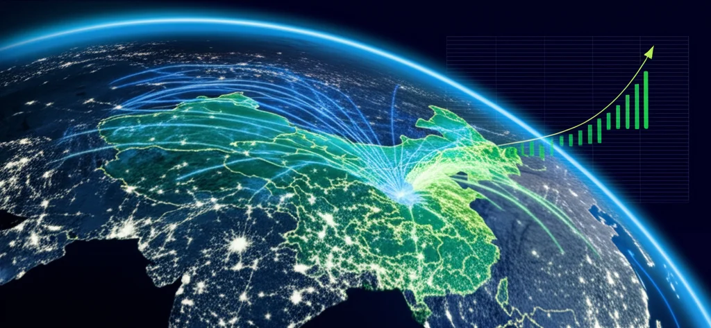 Concetto astratto di sorveglianza sanitaria digitale: una mappa stilizzata della Cina con flussi di dati luminosi blu e verdi provenienti da diverse regioni che convergono verso un grafico centrale che mostra una curva predittiva ascendente per l'epatite C, wide-angle lens 15mm, long exposure per i flussi di dati, sharp focus sulla mappa e sul grafico, sfondo scuro high-tech.