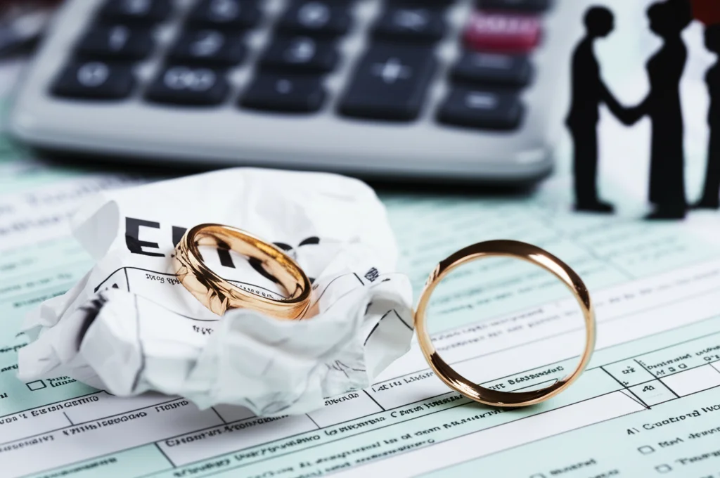 Due fedi nuziali, una sopra un modulo fiscale statunitense EITC accartocciato, l'altra intatta accanto a una calcolatrice. Sullo sfondo sfocato, si intravedono le sagome di una coppia afroamericana e una coppia bianca. Fotografia di oggetti, obiettivo macro 85mm, alta definizione, illuminazione drammatica controllata con forti contrasti, profondità di campo ridotta per focalizzare sulle fedi e il modulo.