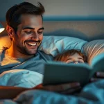 Fotografia di ritratto toccante di un genitore sorridente che legge una favola della buonanotte al suo bambino tranquillo e assonnato nel suo letto, luce calda e soffusa della lampada da comodino, obiettivo da 50mm, profondità di campo che isola la coppia, atmosfera serena.