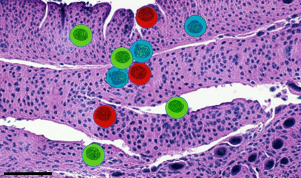 Illustrazione concettuale della deconvoluzione di tipi cellulari in dati di multiomica spaziale. Cellule colorate diverse organizzate spazialmente su uno sfondo che rappresenta un tessuto. Alta definizione, colori distinti, focus nitido sulle cellule.