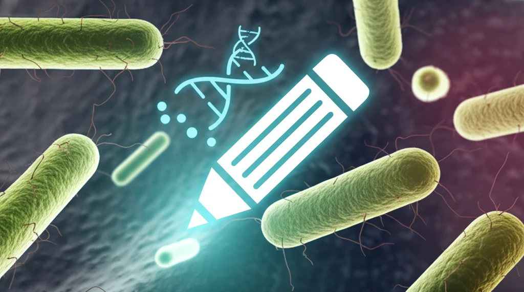 Immagine concettuale fotorealistica di batteri Lactobacillus visualizzati al microscopio, con un'icona stilizzata di editing genetico (una matita luminosa che modifica una sezione del loro DNA fluttuante). Obiettivo macro 90mm, alta definizione, illuminazione da laboratorio focalizzata sui batteri e sull'icona di editing, sfondo scientifico leggermente sfocato.