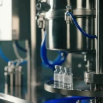 Immagine fotorealistica di un sistema ad alta pressione idrostatica (HHP) in un laboratorio farmaceutico avanzato, con riflessi metallici su acciaio inox e indicatori luminosi blu accesi, accanto a fiale di vaccino SARS-CoV-2 etichettate. Obiettivo prime 35mm, profondità di campo ridotta che sfoca lo sfondo, illuminazione drammatica laterale.