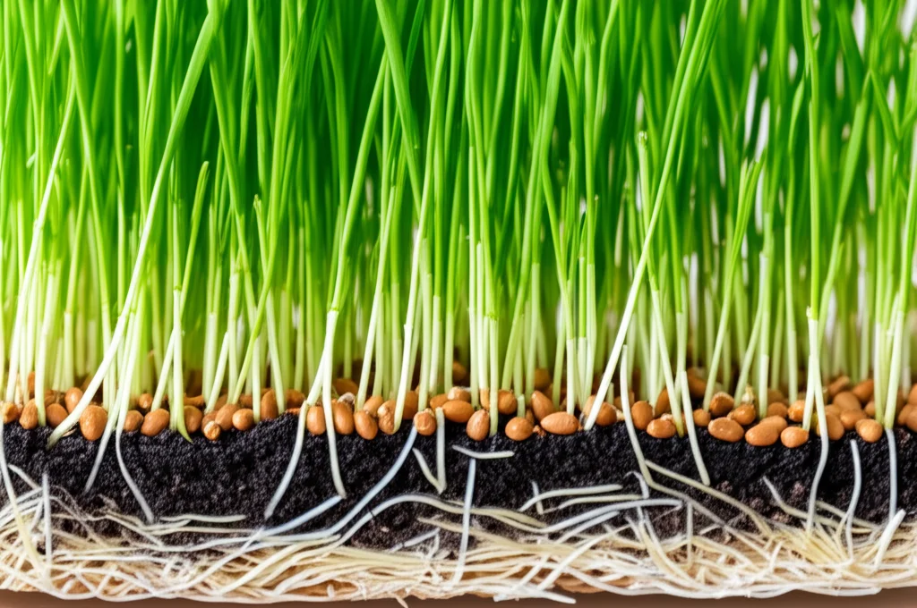 Immagine fotorealistica, obiettivo macro 70mm, che mostra vibranti piantine di grano verde che prosperano in un terreno ricco, con sottili ife microscopiche di Trichoderma suggerite attorno alle radici, a simboleggiare protezione e crescita, dettaglio elevato, luce naturale soffusa.