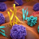 Visualizzazione artistica ma fotorealistica di proteine ​​complesse che interagiscono all'interno di una cellula tumorale del seno triplo negativo, illuminazione drammatica controllata, obiettivo macro 100mm, alta risoluzione, focus selettivo su alcune strutture proteiche chiave legate ai diversi sottotipi TNBC.