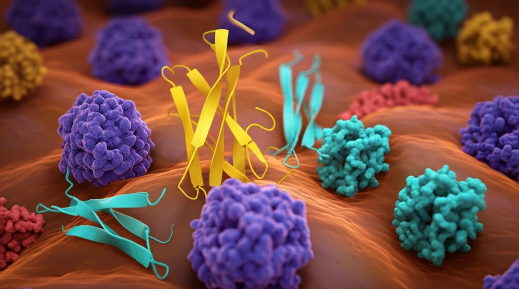 Visualizzazione artistica ma fotorealistica di proteine ​​complesse che interagiscono all'interno di una cellula tumorale del seno triplo negativo, illuminazione drammatica controllata, obiettivo macro 100mm, alta risoluzione, focus selettivo su alcune strutture proteiche chiave legate ai diversi sottotipi TNBC.