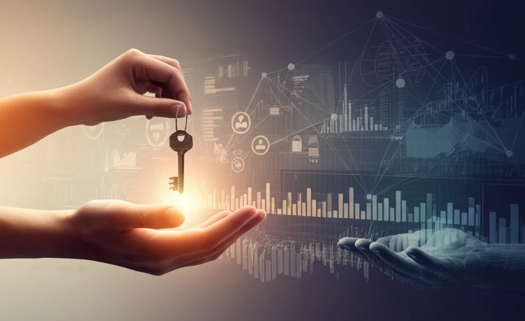 Immagine concettuale che mostra una mano che offre una chiave digitale luminosa (simbolo dei dati condivisi) a un'altra mano che la accetta con fiducia, su uno sfondo astratto che mescola grafici scientifici stilizzati e nodi di una rete interconnessa. Obiettivo 50mm, profondità di campo media, toni caldi e freddi in duotone (es. blu e arancione) per rappresentare la collaborazione e il superamento delle barriere.