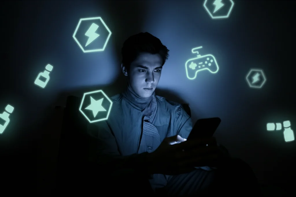 Immagine concettuale che mostra una persona seduta nell'ombra, il volto illuminato solo dalla luce bluastra di uno smartphone, con simboli stilizzati di ketamina e icone di videogiochi che fluttuano debolmente intorno. Obiettivo prime 24mm, duotone blu e grigio scuro, profondità di campo, atmosfera cupa.