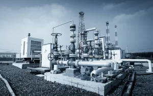 Immagine fotorealistica di un pozzo di estrazione di metano da carbone (CBM) in un'area mineraria riqualificata a Songzao, obiettivo prime 35mm, con un leggero effetto 'depth of field' che sfoca lo sfondo industriale, mettendo a fuoco l'infrastruttura moderna. Tonalità duotone blu e grigio per un look tecnico ma pulito.