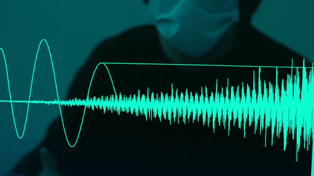 Immagine fotorealistica di un'onda sonora complessa visualizzata su uno schermo digitale, con sovrapposta la forma d'onda stilizzata della wavelet madre Db16 che si adatta perfettamente a una sezione del segnale. Sullo sfondo, una persona indistinta indossa una mascherina chirurgica. Obiettivo prime 50mm, profondità di campo ridotta, illuminazione d'atmosfera high-tech, duotone blu e verde.