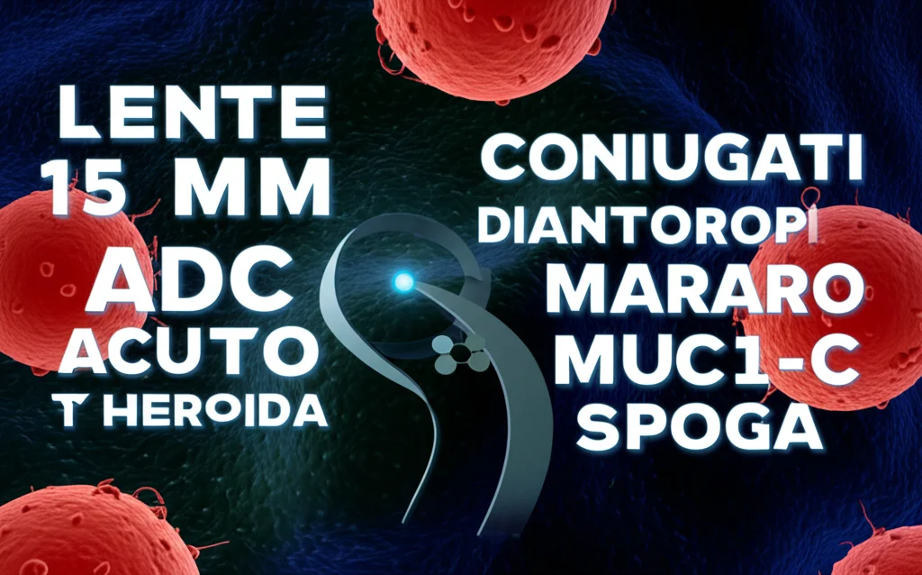 Lente grandangolare, 15 mm, focus acuto, rappresentazione simbolica di una svolta di terapia mirata: coniugati di anticorpi luminosi (ADC) che si trovano su cellule di carcinoma mammario astratto e stilizzate che esprimono MUC1-C contro un complesso background biologico scuro, trasmettendo speranza, medicina di precisione e resistenza alla droga.