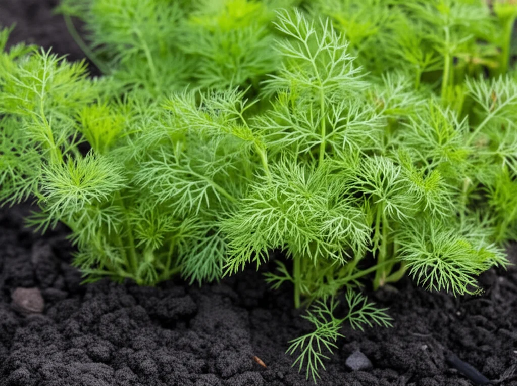 Primo piano di rigogliose piante di aneto (Anethum graveolens) che crescono in un terreno scuro e ricco, suggerendo la presenza di biochar. Obiettivo macro 90mm, alta definizione, illuminazione controllata da studio, focus preciso sulle foglie verdi brillanti e sulla texture del suolo.