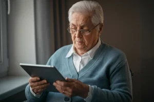 Primo piano di una persona anziana con segni lievi di recupero post-ictus che cerca informazioni sanitarie su un tablet, l'espressione è concentrata ma leggermente frustrata. Luce morbida da finestra laterale, profondità di campo ridotta, obiettivo prime 35mm, stile fotorealistico.