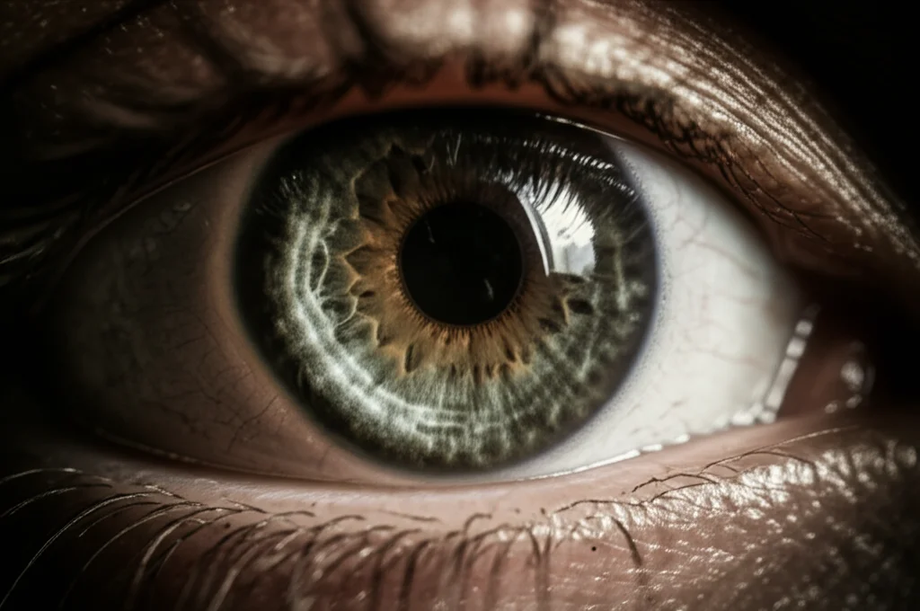 Primo piano estremo fotorealistico di un occhio umano miope. L'iride è a fuoco, ma si intravede un riflesso dettagliato della retina periferica attraverso la pupilla dilatata, suggerendo l'esame con imaging a campo ultra-ampio. Illuminazione drammatica stile film noir, con forti contrasti e ombre definite. Profondità di campo molto ridotta. Obiettivo prime 35mm.