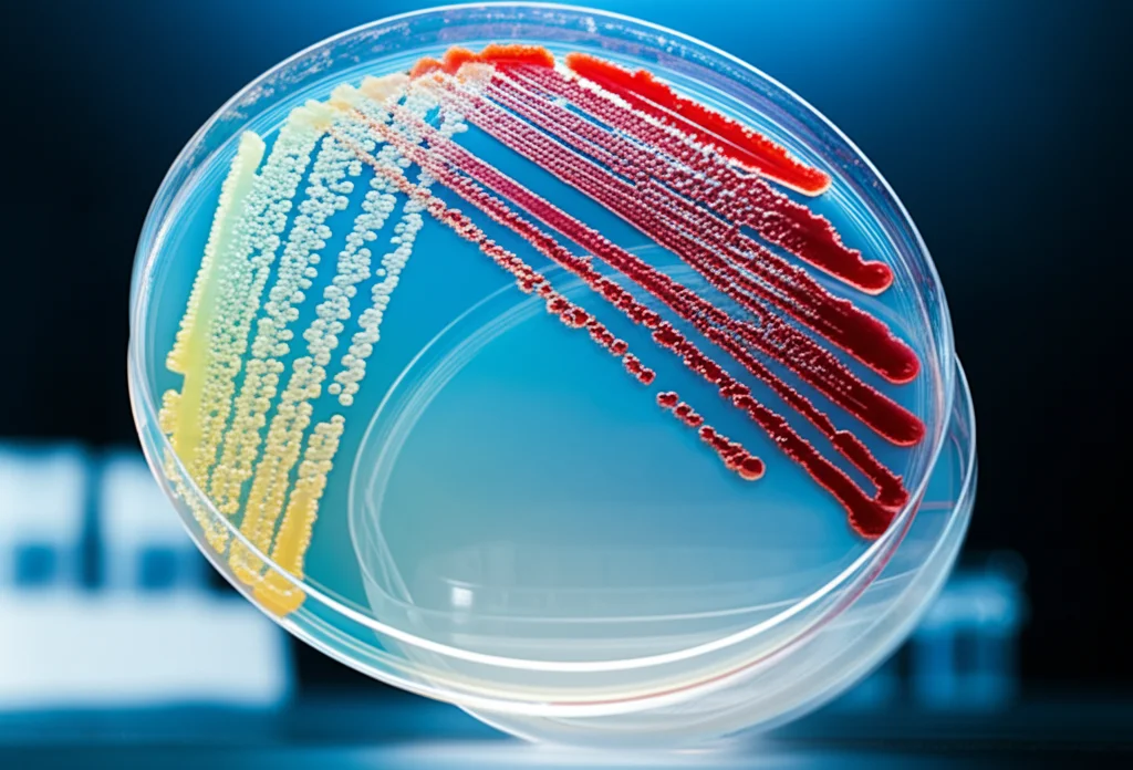 Primo piano macro di una provetta di sangue con livelli di magnesio evidenziati accanto a una coltura batterica di E. coli in una piastra di Petri, illuminazione da laboratorio controllata, obiettivo macro 100mm, alta definizione, messa a fuoco precisa.