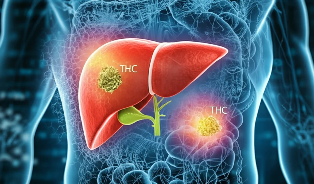 Visualizzazione artistica del fegato umano con molecole di THC che interagiscono con le cellule epatiche, stile fotorealistico, dettagli molecolari visibili, sfondo astratto high-tech, lente 35mm, profondità di campo, per rappresentare l'interazione tra cannabis e fegato.