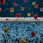 Visualizzazione artistica e fotorealistica di una membrana high-tech con nanoparticelle HKUST-1 blu incorporate che filtrano selettivamente ioni di metalli pesanti (rappresentati come sfere rosse, gialle e grigie) da molecole d'acqua (blu chiaro) che passano attraverso, obiettivo macro 80mm, alta definizione, illuminazione drammatica che evidenzia il processo di separazione.