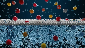 Visualizzazione artistica e fotorealistica di una membrana high-tech con nanoparticelle HKUST-1 blu incorporate che filtrano selettivamente ioni di metalli pesanti (rappresentati come sfere rosse, gialle e grigie) da molecole d'acqua (blu chiaro) che passano attraverso, obiettivo macro 80mm, alta definizione, illuminazione drammatica che evidenzia il processo di separazione.
