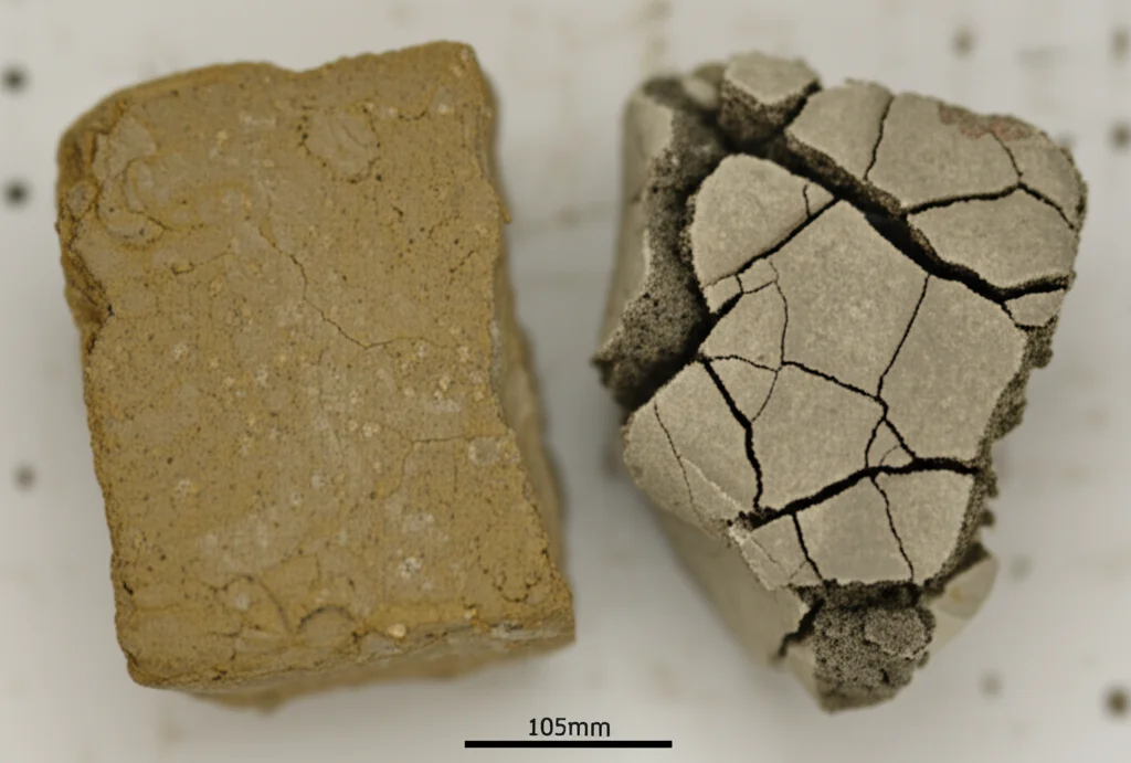 Fotografia macro di due campioni di argillite affiancati in un laboratorio geotecnico; uno appare compatto e umido (preservato), l'altro secco e visibilmente fratturato (degradato). Obiettivo macro 105mm, illuminazione controllata, alta definizione per mostrare le texture contrastanti.