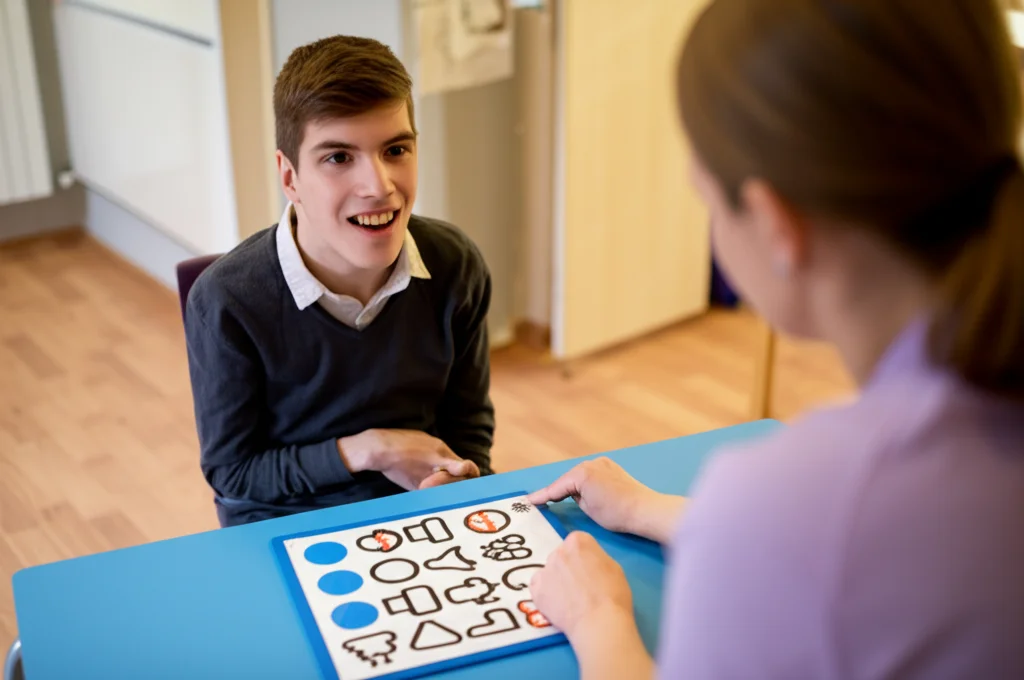 Fotografia realistica di un giovane con paralisi cerebrale sorridente mentre interagisce con un terapista durante una sessione di valutazione del dolore, utilizzando simboli visivi su un tappetino TalkingMats, obiettivo prime 50mm, luce naturale calda, profondità di campo media.
