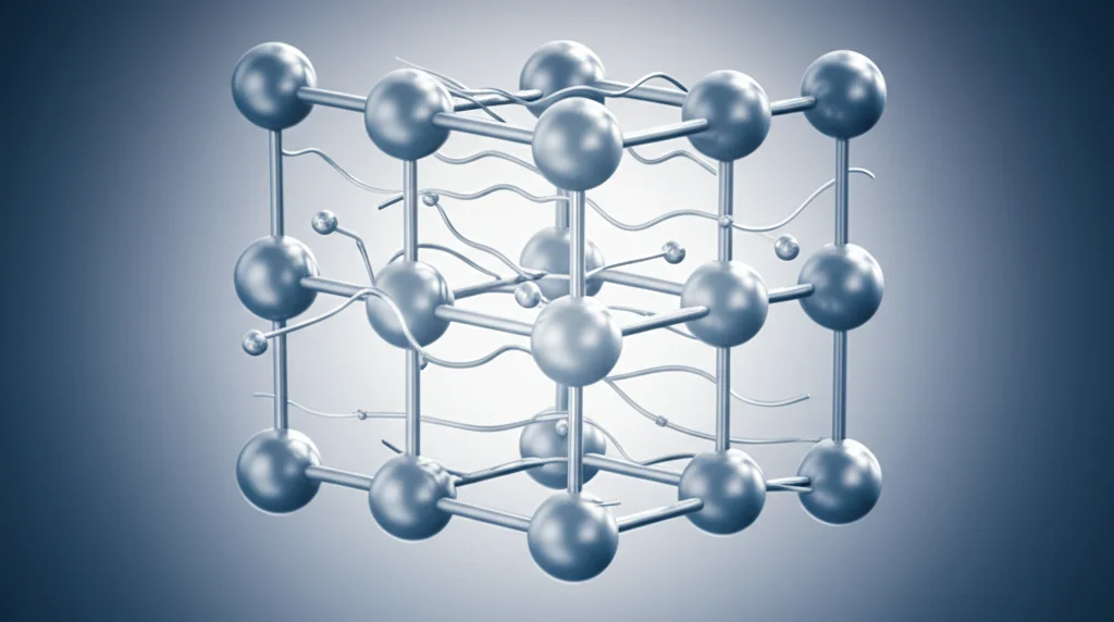 Immagine concettuale fotorealistica della superconduttività in un materiale complesso come l'idruro di zirconio e azoto, visualizzando un reticolo cristallino stilizzato con flussi di elettroni senza resistenza a temperature criogeniche, obiettivo prime 35mm, profondità di campo, duotono blu e argento per un look scientifico e moderno.