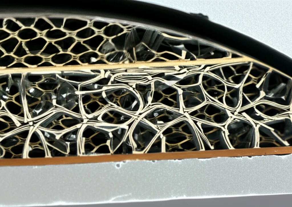 Immagine fotorealistica ad alta definizione di una sezione trasversale di una nanopiatta sandwich intelligente. Si vedono chiaramente gli strati esterni piezoelettrici (simili a ceramica lucida, PZT-5H) e il nucleo interno con una microstruttura auxetica a forma di farfalla (metallica, acciaio SUS304). L'illuminazione è controllata, quasi da laboratorio, per enfatizzare la texture e la geometria complessa del nucleo. Obiettivo macro 100mm, messa a fuoco precisa sulla stratificazione e sulla microstruttura, alta definizione.