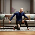Immagine fotorealistica di un ambiente virtuale iper-realistico creato con Unreal Engine 5 e Gaussian Splatting, che mostra un avatar MetaHuman digitale nel mezzo di un'azione, come inciampare in un soggiorno. Illuminazione controllata, profondità di campo, obiettivo 35mm prime, alta definizione, stile cinematografico.