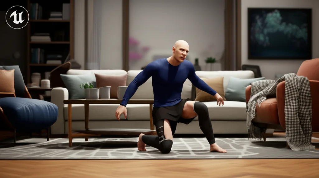 Immagine fotorealistica di un ambiente virtuale iper-realistico creato con Unreal Engine 5 e Gaussian Splatting, che mostra un avatar MetaHuman digitale nel mezzo di un'azione, come inciampare in un soggiorno. Illuminazione controllata, profondità di campo, obiettivo 35mm prime, alta definizione, stile cinematografico.