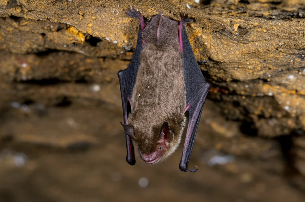 Primo piano di un pipistrello vespertilio bruno (Myotis lucifugus) appeso in letargo in una grotta umida, fotografia naturalistica con obiettivo macro 60mm, alta definizione dei dettagli del pelo bruno e delle goccioline di condensa sulle ali chiuse, illuminazione soffusa e controllata per non disturbare l'animale.