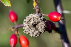 Primo piano di una galla di Rosa canina attaccata a un ramo, con frutti rossi sfocati sullo sfondo. Obiettivo macro 105mm, alta definizione, messa a fuoco precisa sulla struttura complessa e legnosa della galla, luce naturale morbida.