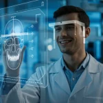 Ritratto di uno studente di ortodonzia sorridente e fiducioso che interagisce con un'interfaccia digitale futuristica di analisi cefalometrica proiettata olograficamente davanti a lui/lei. Sfondo sfocato di un laboratorio high-tech. Obiettivo 50mm, profondità di campo ridotta, illuminazione d'accento blu e bianca per un look tecnologico.